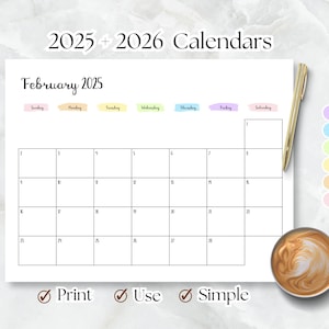Calendario 2025 imprimible en blanco PDF Calendario 2025 2026 horizontal A4 Carta. Calendario de pared planificador mensual. Sencillo, elegante, arcoíris pastel