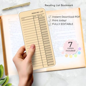 Leseliste Lesezeichen farbige druckbare Bibliothek Karte Lesezeichen, personalisierte Buch-Tracker für Kinder, drucken Sie zu Hause Vorlage bearbeitbaren Namen