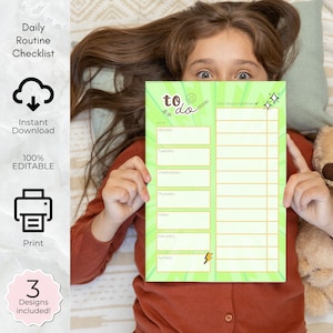 Boys Daily Routine, Printable Homeschool Responsibility Chart for kids, School schedule Chore list Editable checklist green sport teen tween