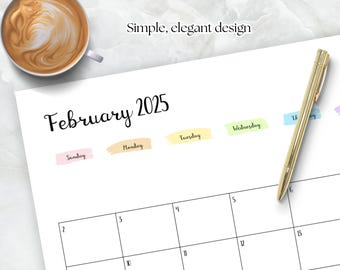 2025 Calendar printable blank PDF 2025 2026 calendar landscape A4 Letter. Monthly planner wall calendar. Simple, elegant, rainbow pastel