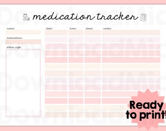 Medication Tracker Chart Record Create a Medicine Schedule. Annotate. Print. Great for kids, baby, school. Simple minimal Boho Pink format