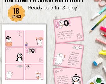 Pink Halloween Scavenger hunt for kids, Kids treasure hunt clues, Cute Scavenger hunt cards, Halloween game, Printable Halloween party games