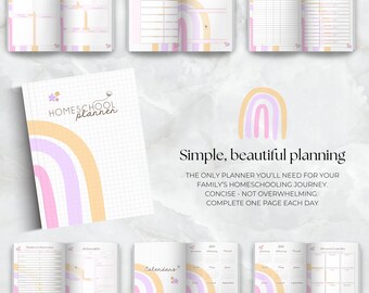 Homeschool Planner, Editable Printable Home education Plan Record, Rainbow pink purple Digital minimal schedule checklist simple unit study