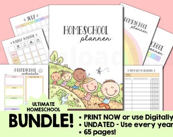 May include: A printable homeschool planner bundle with 65 pages. The cover features a colorful illustration of children in a park. The text on the cover reads "Homeschool Planner". The bundle includes a weekly schedule, homeschool schedule, and summary of learning pages.