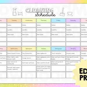 Checklist voor schoonmaakschema's Aanpasbare digitale afdrukbare checklist voor schoonmaak. Eenvoudig voor gezinnen. Organiseren en plannen van de baanroutine