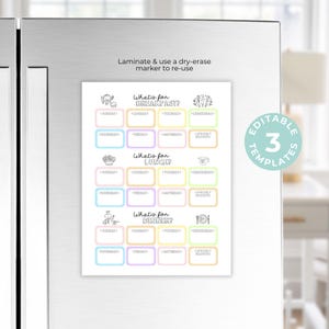 Pode incluir: Um planificador de refeições imprimível com três seções para o café da manhã, almoço e jantar. Cada seção tem uma ilustração fofa e espaço para escrever as refeições para cada dia da semana. O planificador é rotulado como "Editable 3 Templates".