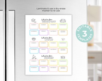 Meal plan Daily Menu and Grocery List Digital Printable What’s for breakfast lunch dinner Chart for household planning pretty rainbow pastel