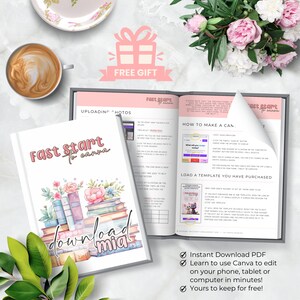 K&ouml;nnte beinhalten: Ein illustrierter Leitfaden in Rosa und Wei&szlig; mit dem Text "Fast Start to Canva" und "Download Mia". Der Leitfaden enth&auml;lt Anweisungen zum Hochladen von Fotos, zum Erstellen eines Canva-Kontos und zum Laden einer gekauften Vorlage. Der Leitfaden bietet auch ein kostenloses Geschenk an.