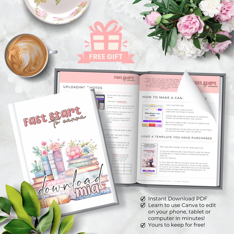 K&ouml;nnte beinhalten: Ein illustrierter Leitfaden in Rosa und Wei&szlig; mit dem Text "Fast Start to Canva" und "Download Mia". Der Leitfaden enth&auml;lt Anweisungen zum Hochladen von Fotos, zum Erstellen eines Canva-Kontos und zum Laden einer gekauften Vorlage. Der Leitfaden bietet auch ein kostenloses Geschenk an.