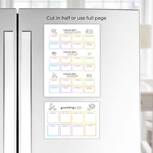 Pode incluir: Um planificador de refeições e uma lista de compras imprimíveis com um design de chef de cozinha de desenho animado. O planificador tem seções para o café da manhã, almoço e jantar, com espaços para escrever as refeições para cada dia da semana. A lista de compras tem espaços para escrever os itens a serem comprados.