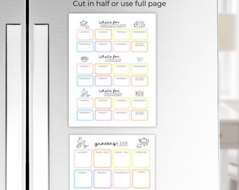 Meal plan Daily Menu and Grocery List Digital Printable What’s for breakfast lunch dinner Chart for household planning pretty rainbow pastel