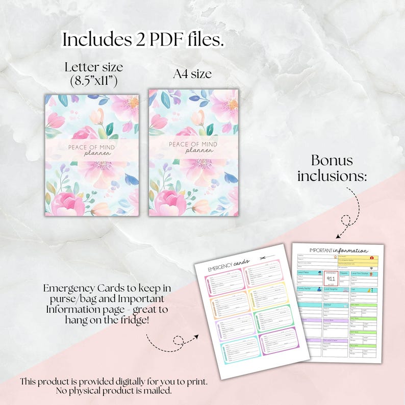 Puede incluir: Dos archivos PDF imprimibles de un planificador floral con el t&iacute;tulo "Peace of Mind Planner". El planificador est&aacute; disponible en tama&ntilde;o carta (8,5 x 11 pulgadas) y A4. Las inclusiones adicionales son tarjetas de emergencia y una p&aacute;gina de informaci&oacute;n importante.