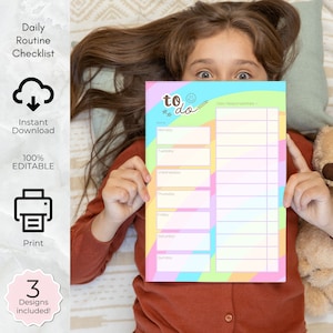 Daily Homeschool Schedule, Printable Responsibility Chart, Kids School Routine, Chore Chart. Editable checklist rainbow for teen tween girls