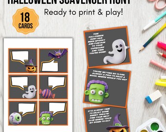 Halloween Scavenger hunt for kids, Kids treasure hunt clues, Scavenger hunt clue cards, Halloween game, Printable Halloween party games