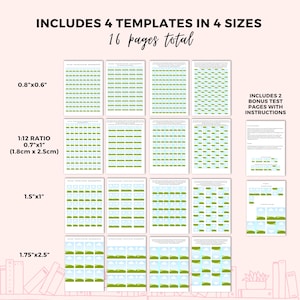May include: A printable set of 16 pages with four different templates for creating a landscape scene. The templates are in four sizes: 0.8 inches by 0.6 inches, 0.7 inches by 1 inch, 1.5 inches by 1 inch, and 1.75 inches by 2.5 inches. The templates feature a green grassy field with a blue sky and white clouds. The set also includes two bonus test pages with instructions.