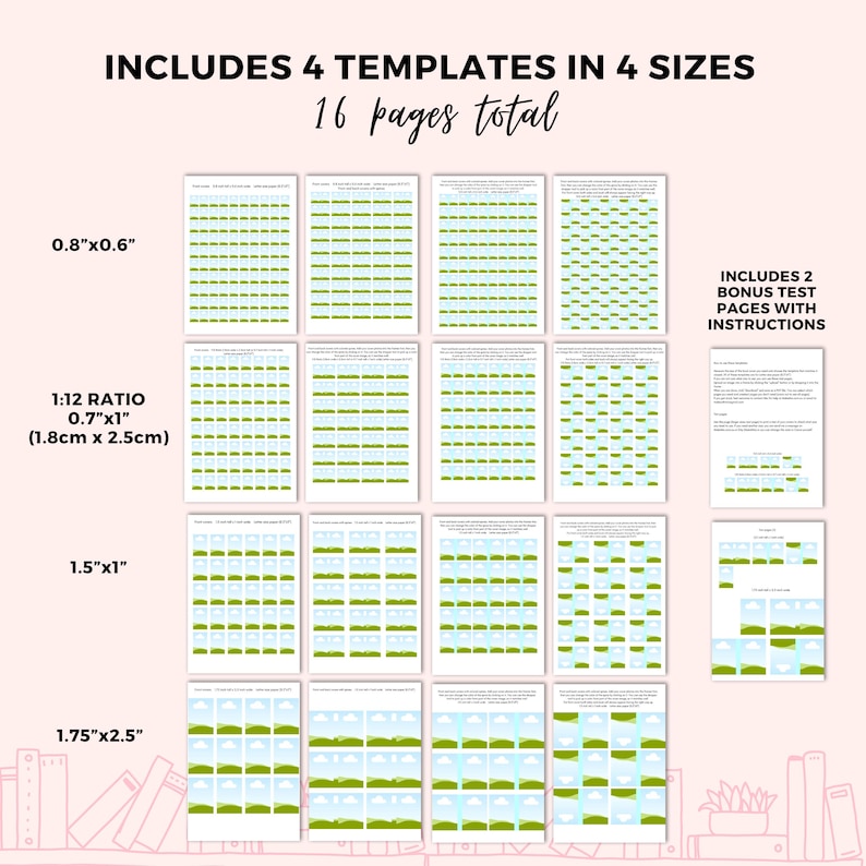 May include: A printable set of 16 pages with four different templates for creating a landscape scene. The templates are in four sizes: 0.8 inches by 0.6 inches, 0.7 inches by 1 inch, 1.5 inches by 1 inch, and 1.75 inches by 2.5 inches. The templates feature a green grassy field with a blue sky and white clouds. The set also includes two bonus test pages with instructions.