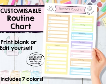 May include: A printable customizable routine chart with a yellow, orange, pink, blue, and green color scheme. The chart is titled "Reese's Routine" and includes sections for "Morning", "Evening", and each day of the week. The chart is designed to help children learn and follow a daily routine.