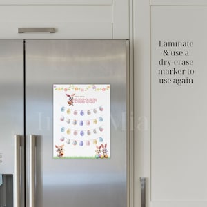 May include: A printable Easter countdown calendar featuring a bunny rabbit and colourful eggs. The calendar has a white background with pink, blue, and yellow accents. The text "Days Until Easter" is at the top of the calendar.