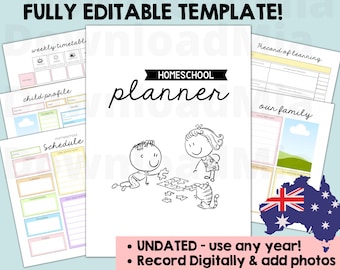 Homeschool Planner Editable Canva Template Printable portfolio Simple Minimal Rainbow Undated for recording & scheduling Australia NZ