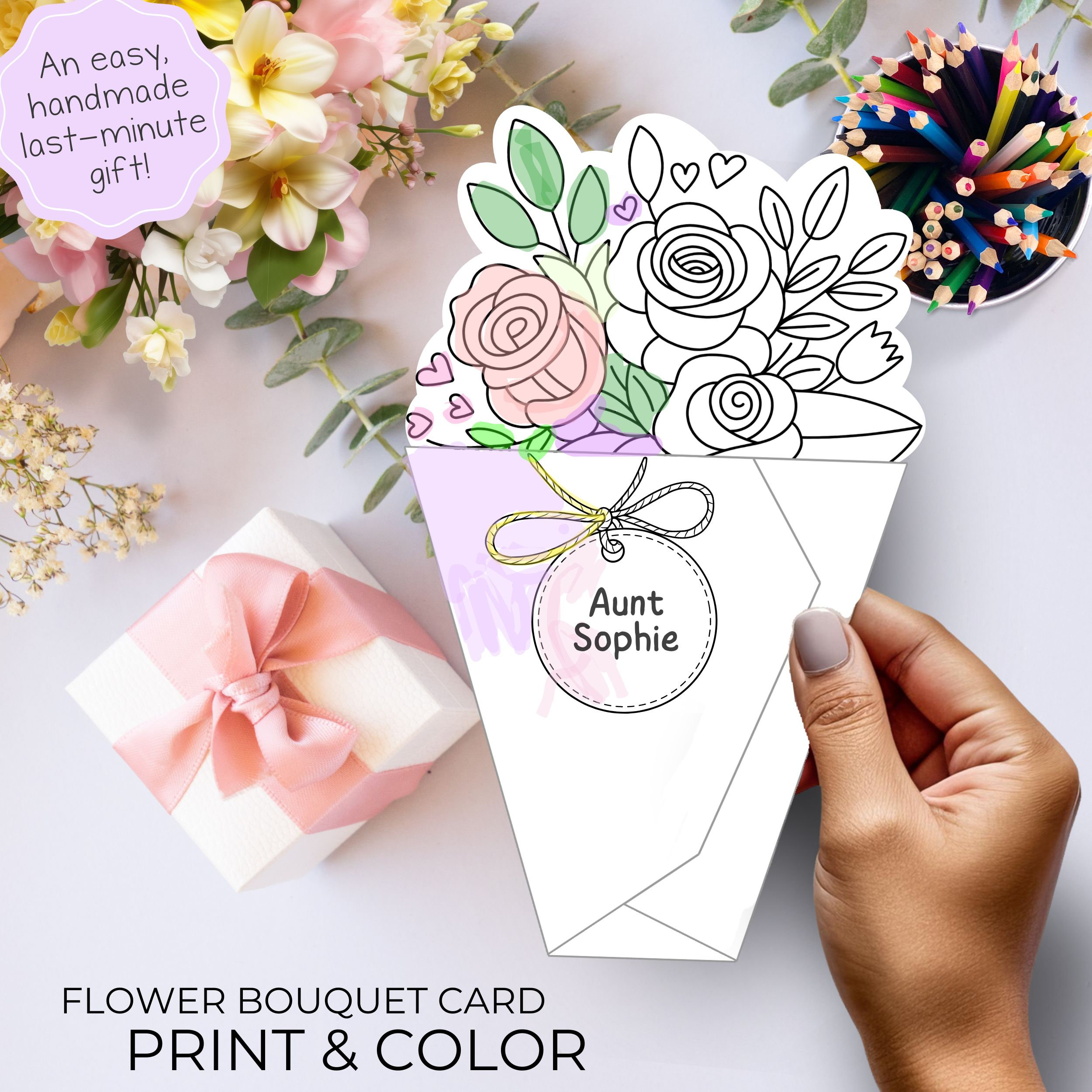 Birthday Card for Aunty Printable Coloring Bunch of Flowers DIY Gift ...