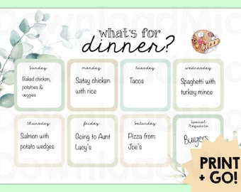 May include: A printable weekly meal planner with a green background and watercolor floral accents. The planner includes a list of meals for each day of the week, including Sunday, Monday, Tuesday, Wednesday, Thursday, Friday, Saturday, and a section for special requests. The text "what's for dinner?" is at the top of the planner.