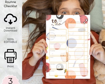 Kids Daily Schedule, Printable Homeschool Responsibility Chart for boys, School Routine Chore Chart Editable checklist blue sport teen tween