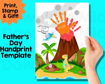 Handabdruck Karte Dinosaurier Vatertag Geschenk Kinder Handwerk Andenken Handabdruck Dinosaurier druckbare Vorlage, Geschenk für Papa von Kinder Kleinkind Baby