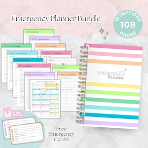 Op de afbeelding: Een noodplanbundel met een spiraalgebonden notitieboek en diverse planningsbladen. Het notitieboek heeft een gestreepte kaft in pastelkleuren en de woorden "Emergency Binder". De bundel bevat 10 secties en 108 pagina's, plus gratis noodkaarten.