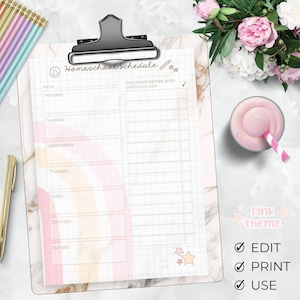May include: A printable homeschool schedule with a pink and orange rainbow design. The schedule includes spaces for daily responsibilities, goals, and school work. The text "Homeschool Schedule" is at the top of the page. The text "Pink theme" is at the bottom of the page. The text "EDIT", "PRINT", and "USE" are listed below the "Pink theme" text.