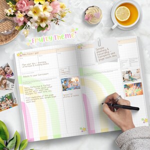 May include: A colorful planner with a fruity theme. The planner has a pink, yellow, and green color scheme with stars and rainbows. The planner has a section for daily focus, planning, and reflection. The planner also has a section for ticking off subjects covered and a space for photos or notes.