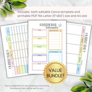 May include: Printable homeschool schedule planner in a pastel color scheme. The planner includes a weekly plan and a daily homeschool schedule. The text "VALUE BUNDLE!" is displayed in a gold circle.