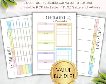 Weekly Plan Rainbow Homeschool Kids Printable Editable Schedule To Do List Responsibility Chart for Planning Jobs, Routines school bundle