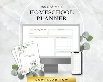 Simple Homeschool Planner, Editable Printable Home education curriculum Plan Record Digital minimal schedule checklist easy unit study