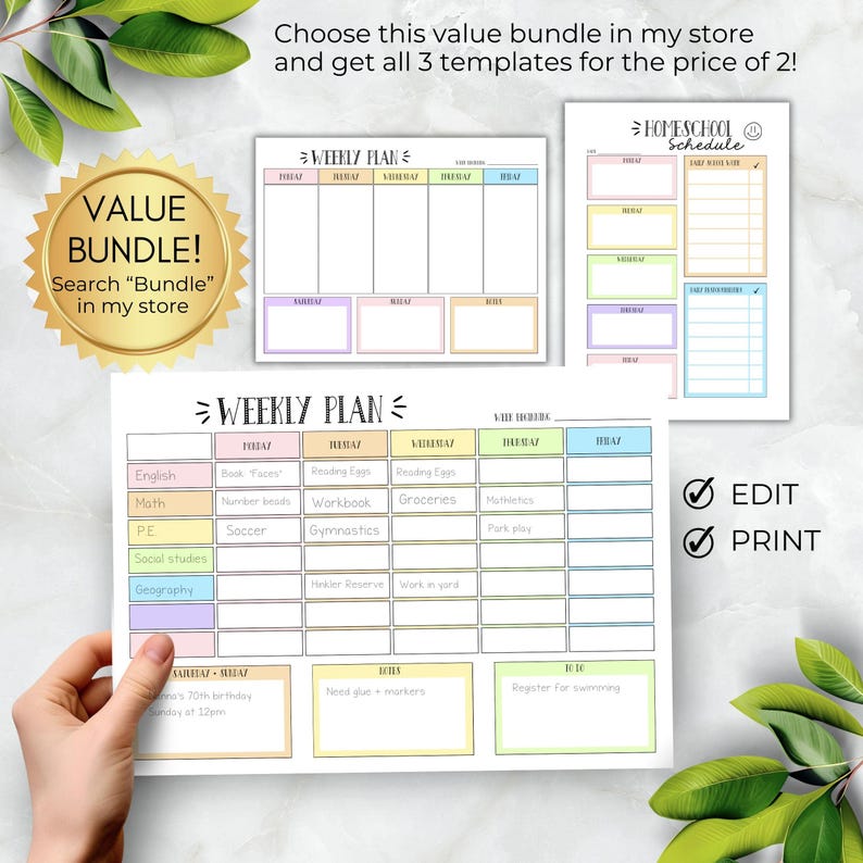 Puede incluir: Un paquete de valor imprimible de tres plantillas de horario de escuela en casa. Las plantillas son en colores pastel y presentan un plan semanal, un horario de escuela en casa y una lista de verificaci&oacute;n de edici&oacute;n e impresi&oacute;n. El texto "VALUE BUNDLE!" est&aacute; en una fuente grande y en negrita.