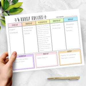 Wekelijks thuisschoolverslag Afdrukbaar dagboek Reflectie bewerkbaar lesplan Schema en verantwoordelijkheidsschema voor routines, schoolactiviteiten