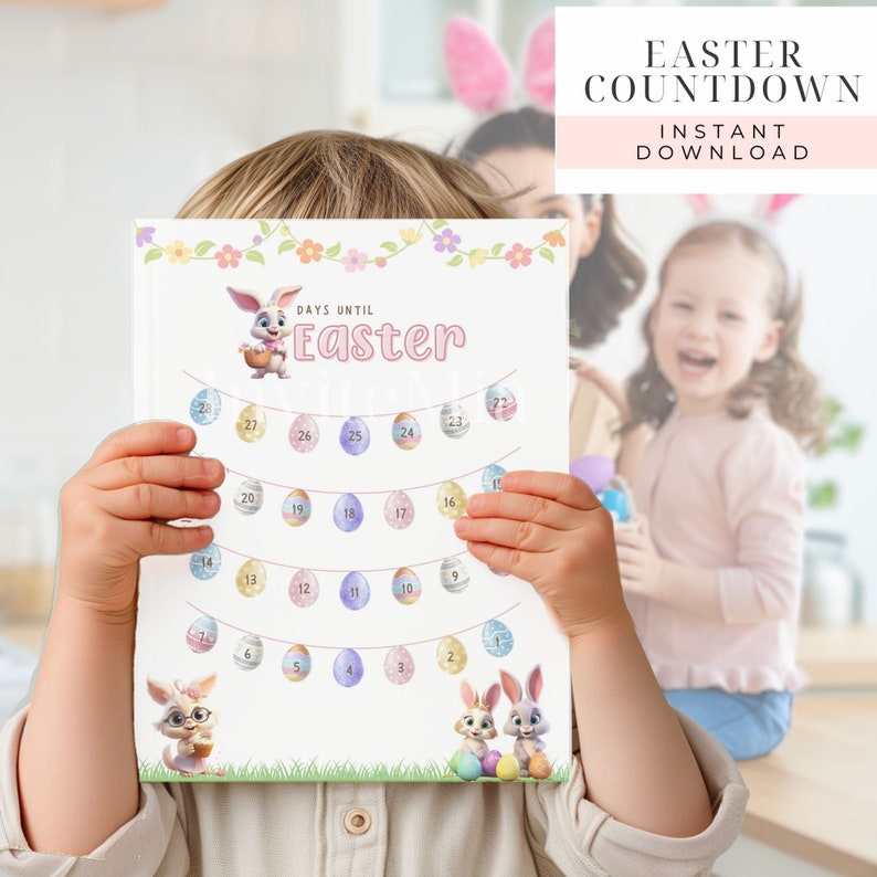 May include: A printable Easter countdown chart featuring a bunny rabbit and pastel coloured eggs. The chart has numbers 1-27 and the text "Days Until Easter".
