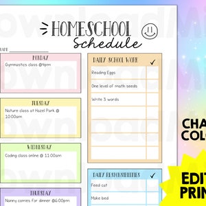 Könnte beinhalten: Ausdruckbarer Homeschool-Stundenplan mit pastellfarbenem Regenbogenhintergrund. Der Stundenplan enthält Abschnitte für die tägliche Schularbeit und Verantwortlichkeiten. Der Text enthält "Homeschool Schedule", "Change Colors!" und "Edit & Print!"