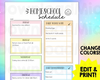 Kids Daily Homeschool Schedule Responsibility Chart, School Routine, Chore Chart. Editable homeschool printable checklist rainbow