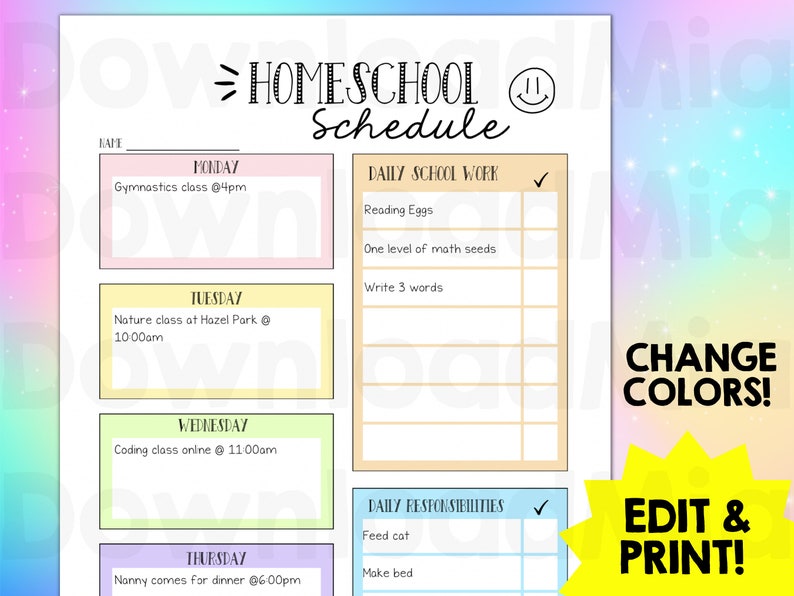 Kids Daily Homeschool Schedule Responsibility Chart, School Routine, Chore Chart. Editable homeschool printable checklist rainbow image 2