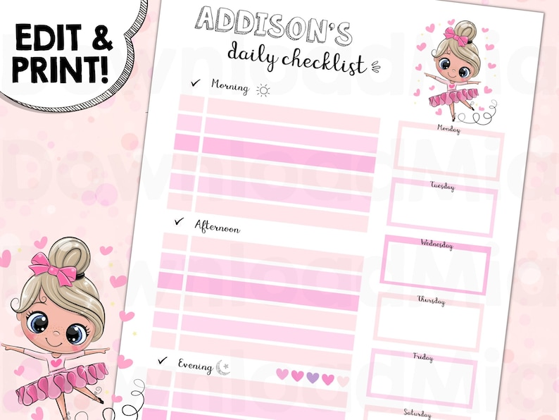 Kids Checklist Chore Chart Responsibility Editable Pink Girl - Etsy