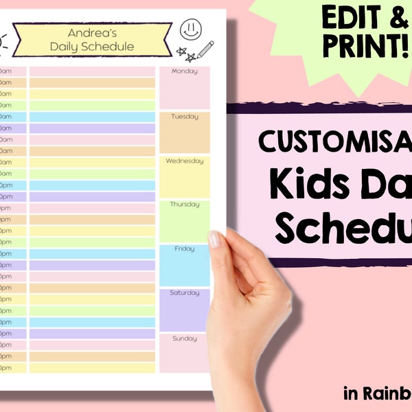 Kids Daily Schedule for homeschool Responsibility. Planning Jobs, Routines and School. Editable printable checklist rainbow fun. Chore chart