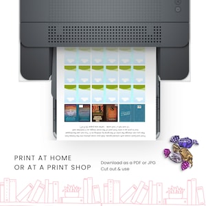 May include: Printable book spine labels with a variety of colorful covers. The labels are designed to be cut out and used to organize books on a bookshelf. The text on the labels reads "Print at home or at a print shop. Download as a PDF or JPG. Cut out & use."