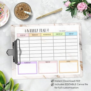 K&ouml;nnte beinhalten: Ein druckbarer Wochenplaner mit einem farbenfrohen Design. Der Planer bietet Platz f&uuml;r jeden Tag der Woche, einschlie&szlig;lich Montag, Dienstag, Mittwoch, Donnerstag, Freitag, Samstag und Sonntag. Er enth&auml;lt auch einen Notizbereich. Der Planer ist als sofortiger Download im PDF-Format verf&uuml;gbar und enth&auml;lt eine bearbeitbare Canva-Datei f&uuml;r die vollst&auml;ndige Anpassung.