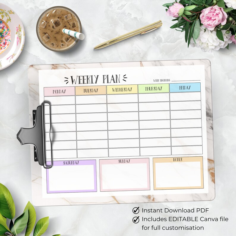 K&ouml;nnte beinhalten: Ein druckbarer Wochenplaner mit einem farbenfrohen Design. Der Planer bietet Platz f&uuml;r jeden Tag der Woche, einschlie&szlig;lich Montag, Dienstag, Mittwoch, Donnerstag, Freitag, Samstag und Sonntag. Er enth&auml;lt auch einen Notizbereich. Der Planer ist als sofortiger Download im PDF-Format verf&uuml;gbar und enth&auml;lt eine bearbeitbare Canva-Datei f&uuml;r die vollst&auml;ndige Anpassung.