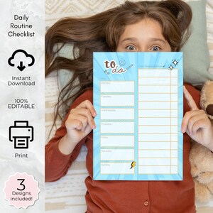 Boys Daily Routine, Printable Homeschool Responsibility Chart for kids, School schedule Chore list Editable checklist blue sport teen tween