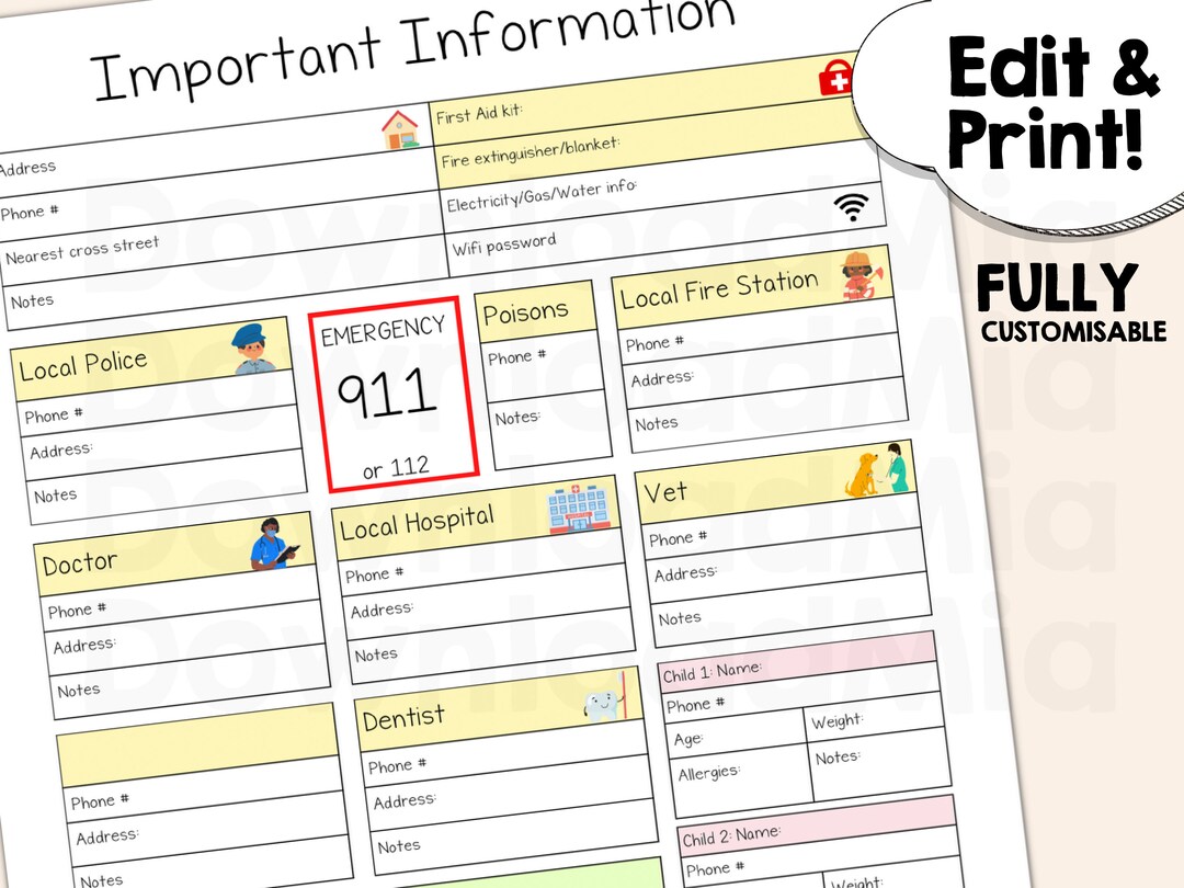 Emergency List Chart. Just in Case Printable Editable Template. Great ...