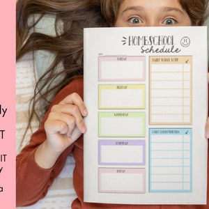 Kids Daily Homeschool Schedule Responsibility Chart, School Routine, Chore Chart. Editable homeschool printable checklist rainbow