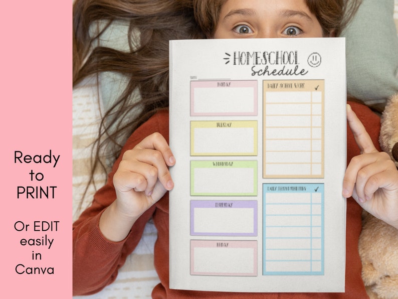 Kids Daily Homeschool Schedule Responsibility Chart, School Routine, Chore Chart. Editable homeschool printable checklist rainbow image 1