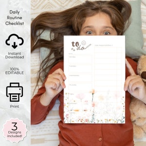 Daily Schedule, Printable homeschool Responsibility Chart, Kids School Routine, Chore list. Editable checklist rainbow for teen tween girls