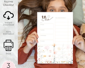May include: A printable to-do list with a floral design. The list includes spaces for daily responsibilities, a name, and days of the week from Monday to Sunday.